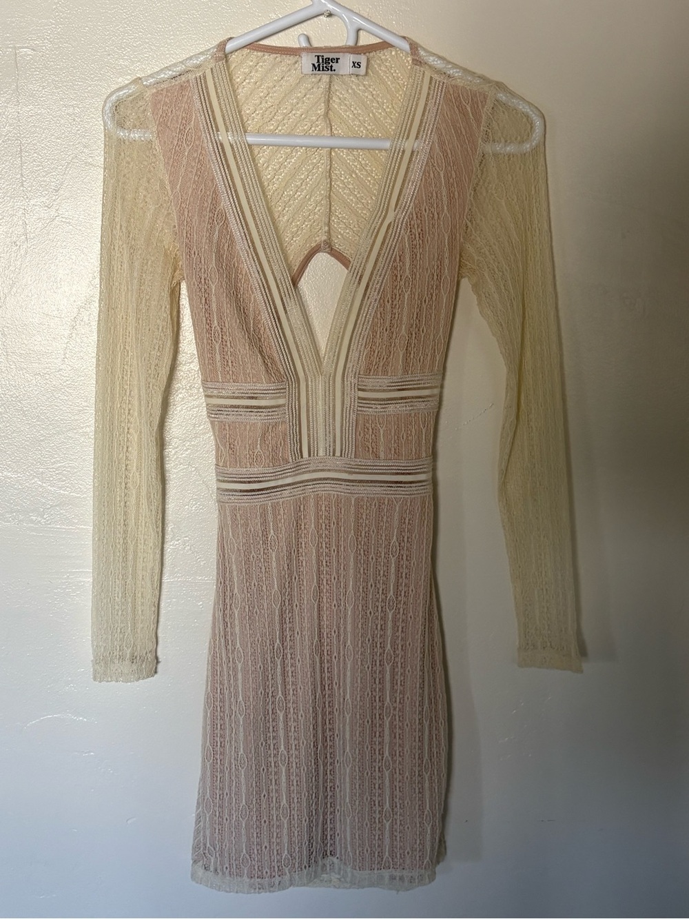 Tiger Mist Cream & Blush Lace Sheer Mini Dress Vintage 60s Mod Festival Summer